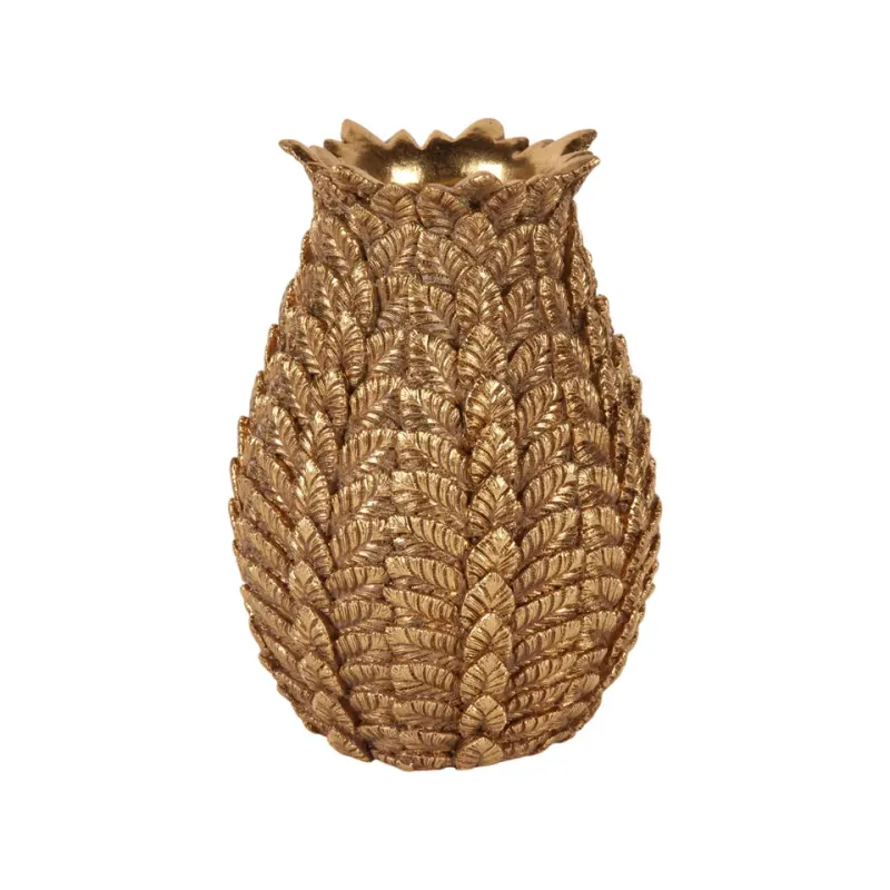 Blättervase 21 cm Gold aus Kunstharz für Trockenblumen Goldene Blättervase 21 cm aus Kunstharz mit detailreichem Blattdekor