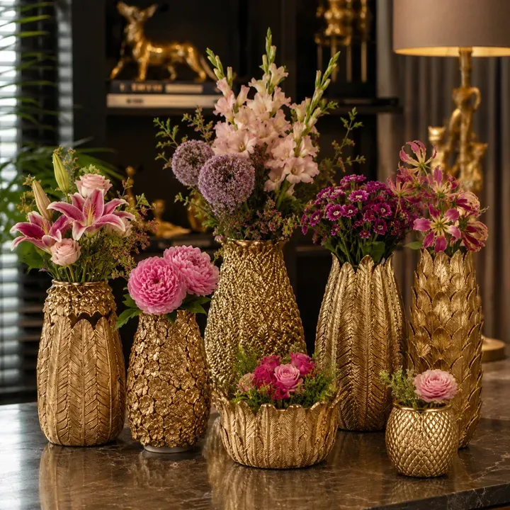 Blättervase 21 cm Gold aus Kunstharz für Trockenblumen