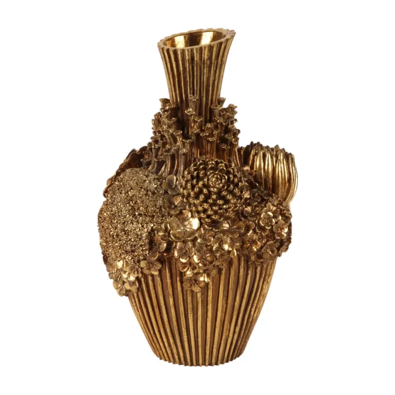 Blumenvase 30 cm Gold aus Kunstharz für stilvolle Dekoration Goldene Blumenvase 30 cm aus Kunstharz mit detailreichem Blumendekor