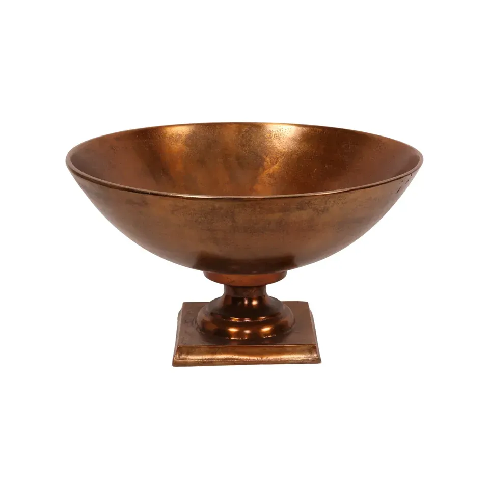 Runde Schale 52 cm Antikbronze aus Aluminium mit Sockel Runde antikbronzefarbene Schale 52 cm aus Aluminium auf quadratischem Sockel