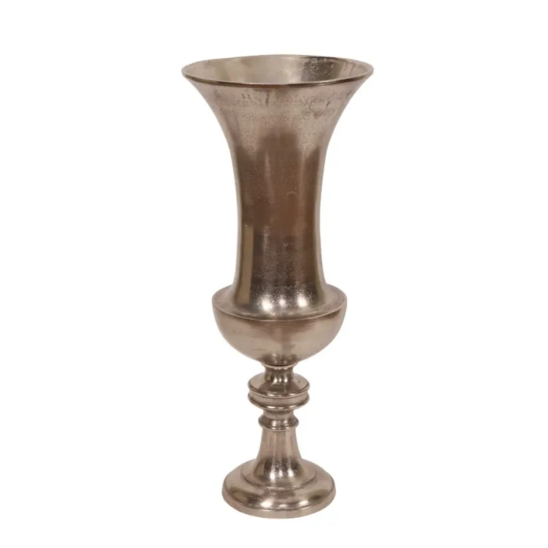 Vase 58 cm Silber aus Aluminium in Nickel Optik Silberne Aluminiumvase 58 cm in Nickel Optik mit geschwungener Form und dekorativem Standfuss