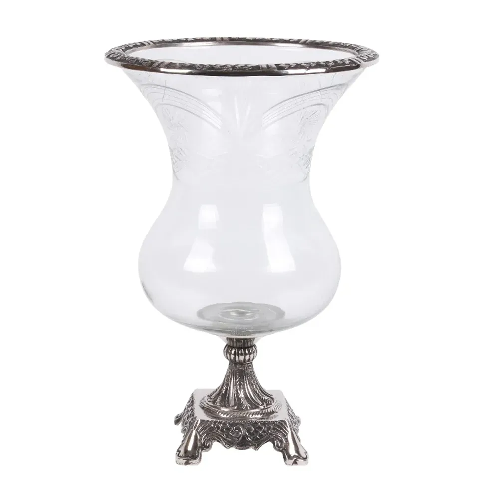 Silberne Sturmlaterne Vase Kupfer 38 cm aus Glas und Aluminium auf dekorativem Fuss