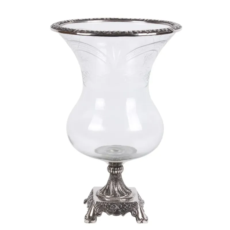 Silberne Sturmlaterne Vase Kupfer 38 cm aus Glas und Aluminium auf dekorativem Fuss