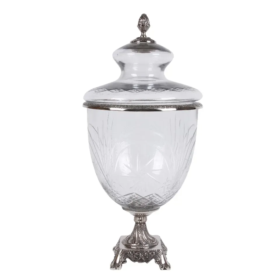 Silberne Dose mit Deckel Ø 24 cm aus Glas und Aluminium auf dekorativem Fuss