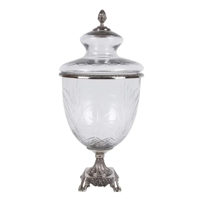 Silberne Dose mit Deckel Ø 24 cm aus Glas und Aluminium auf dekorativem Fuss