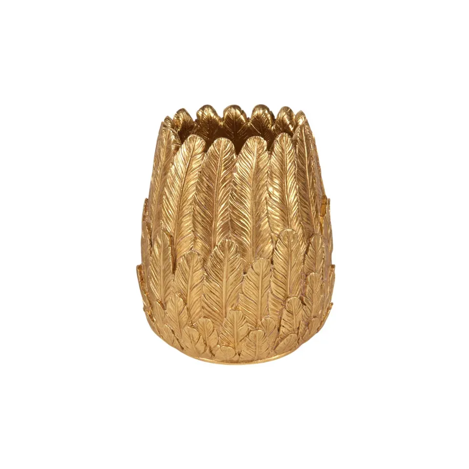 Federvase 15 cm Gold aus Kunstharz für Trockenblumen Goldene Federvase 15 cm aus Kunstharz mit detailreichem Federdekor