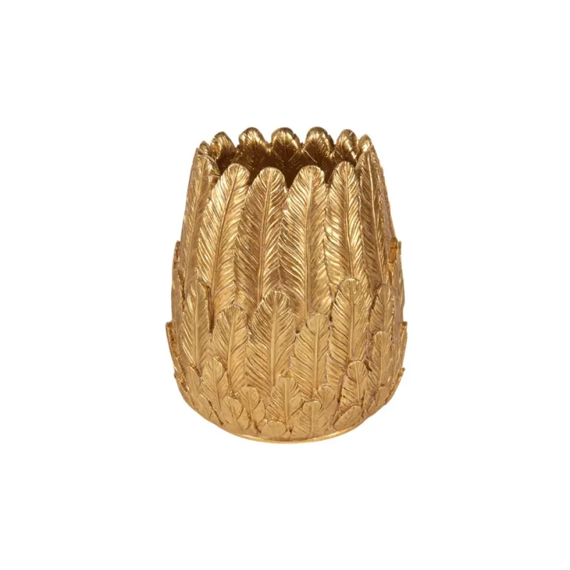 Federvase 15 cm Gold aus Kunstharz für Trockenblumen Goldene Federvase 15 cm aus Kunstharz mit detailreichem Federdekor