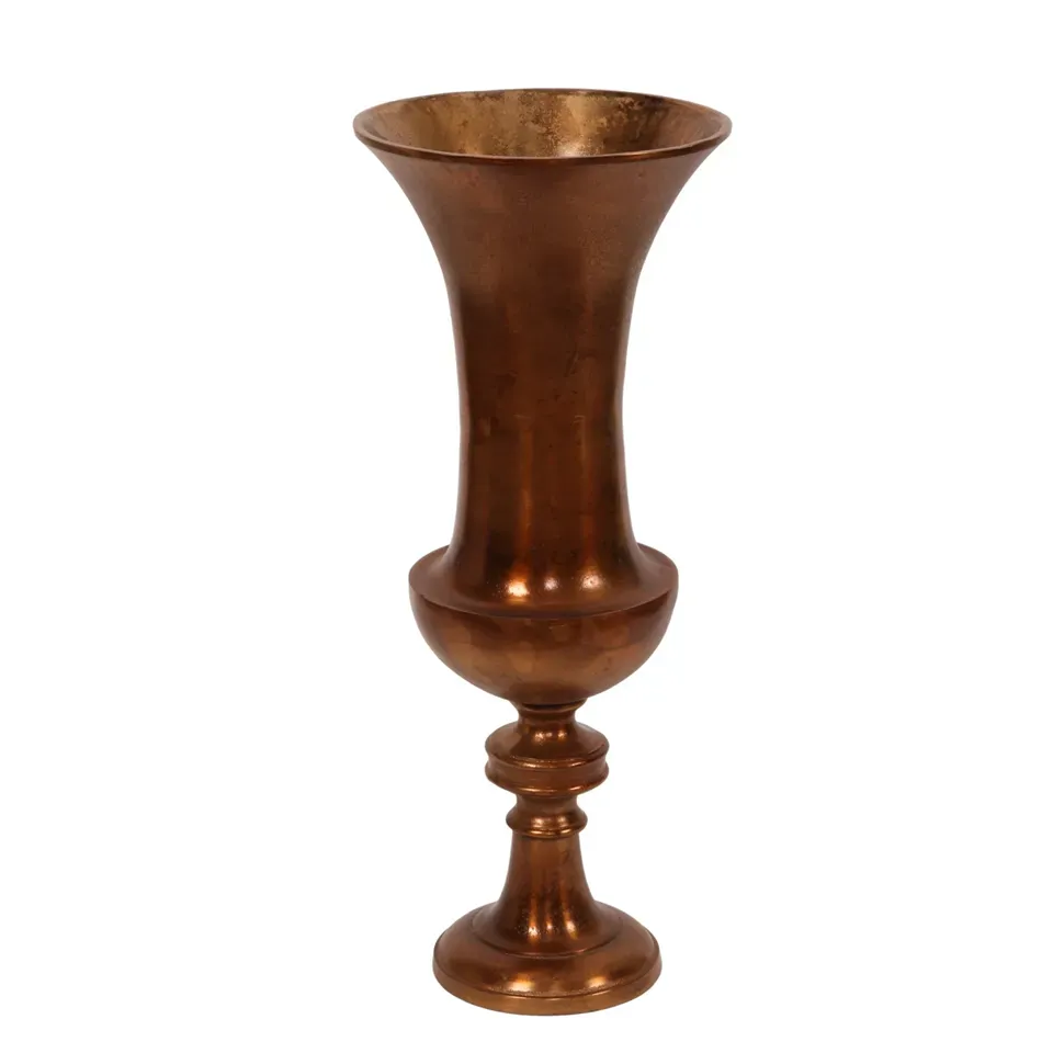 Antikbronzefarbene Aluminiumvase 58 cm mit geschwungener Form und dekorativem Standfuss