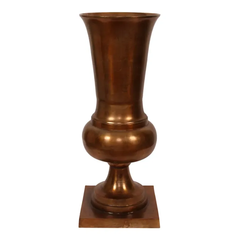 Antikbronzefarbene Aluminiumvase 86 cm mit rundem Unterteil und quadratischem Standfuss