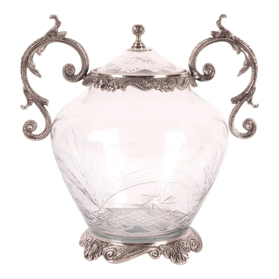 Silberne Vase aus Glas und Aluminium mit dekorativen Griffen und Deckel