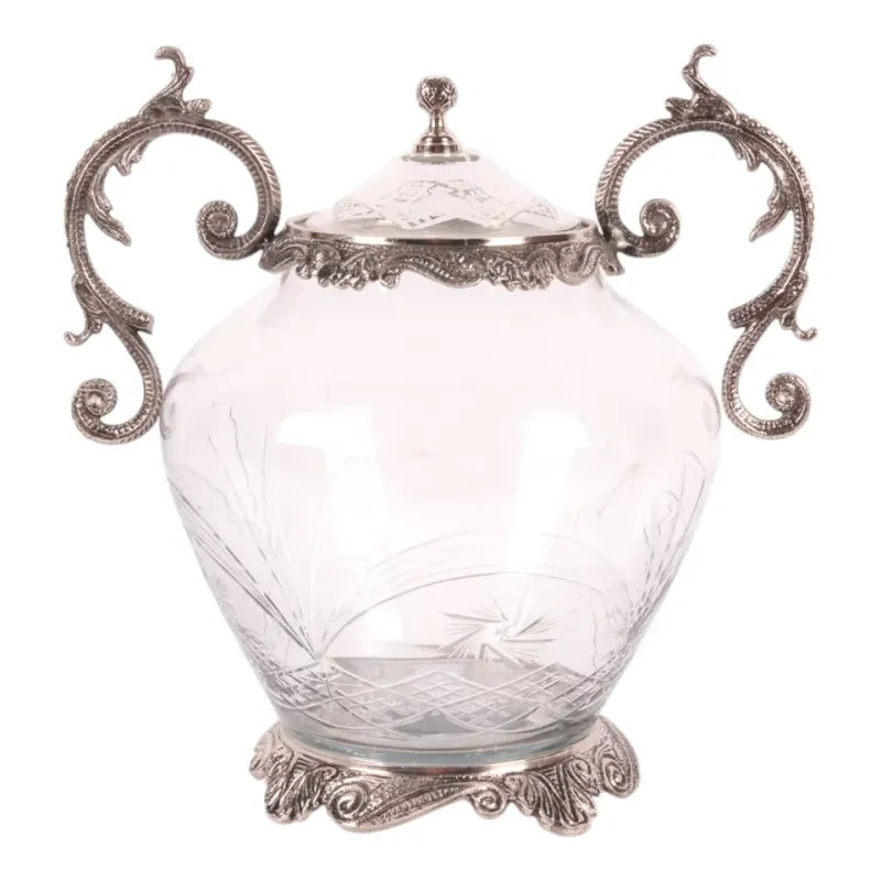Silberne Vase aus Glas und Aluminium mit dekorativen Griffen und Deckel