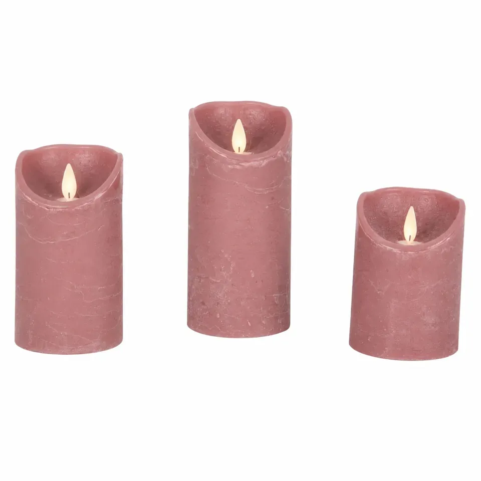 Rosafarbene LED Wachskerzen im 3er Set mit beweglicher Flamme und Fernbedienung