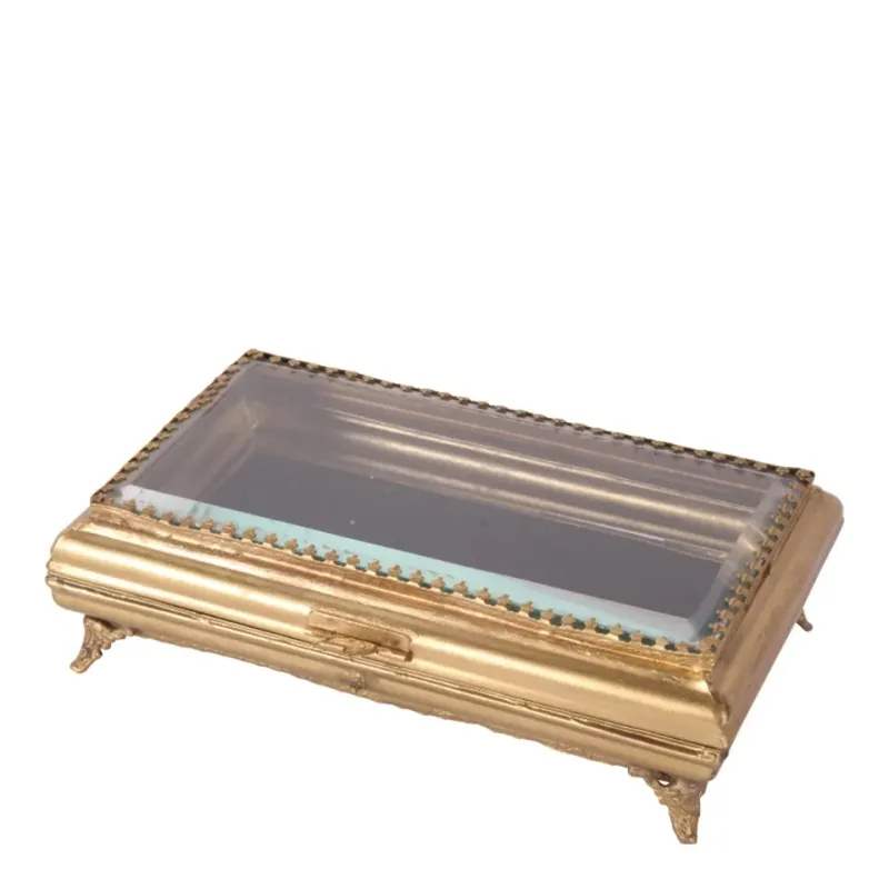 Goldene Schmuckschatulle 18 cm aus Messing und Glas mit klassischem Barockdekor