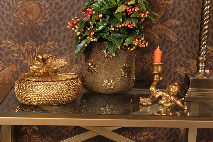 Aufbewahrungsbox 19 cm Gold mit Vogelmotiv und Deckel aus Kunstharz