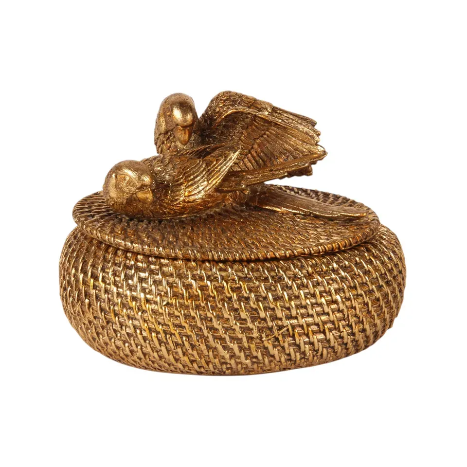 Goldene Aufbewahrungsbox 19 cm aus Kunstharz mit Vogelmotiv und Deckel