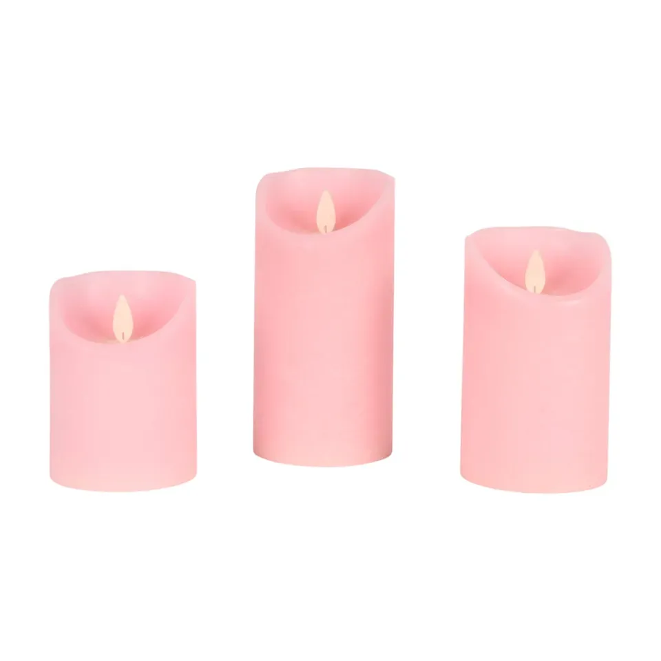 Rosafarbene LED Wachskerzen im 3er Set mit beweglicher Flamme und Fernbedienung