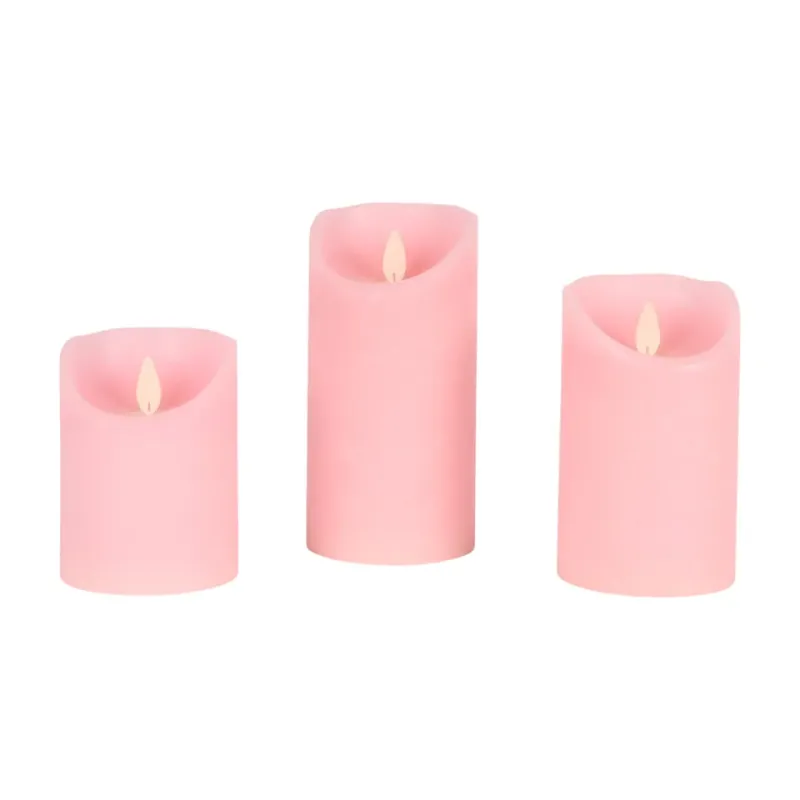 Rosafarbene LED Wachskerzen im 3er Set mit beweglicher Flamme und Fernbedienung