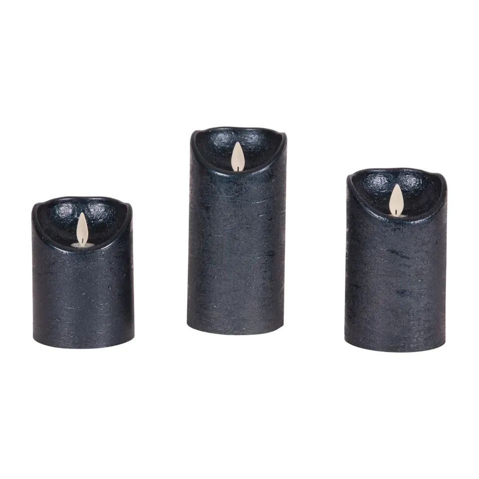 Metallisch blaue LED Wachskerzen im 3er Set mit beweglicher Flamme und Fernbedienung