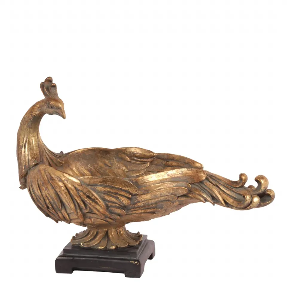 Goldene Pfauenschale 45 x 24 cm aus Kunstharz mit dekorativem Pfauenmotiv