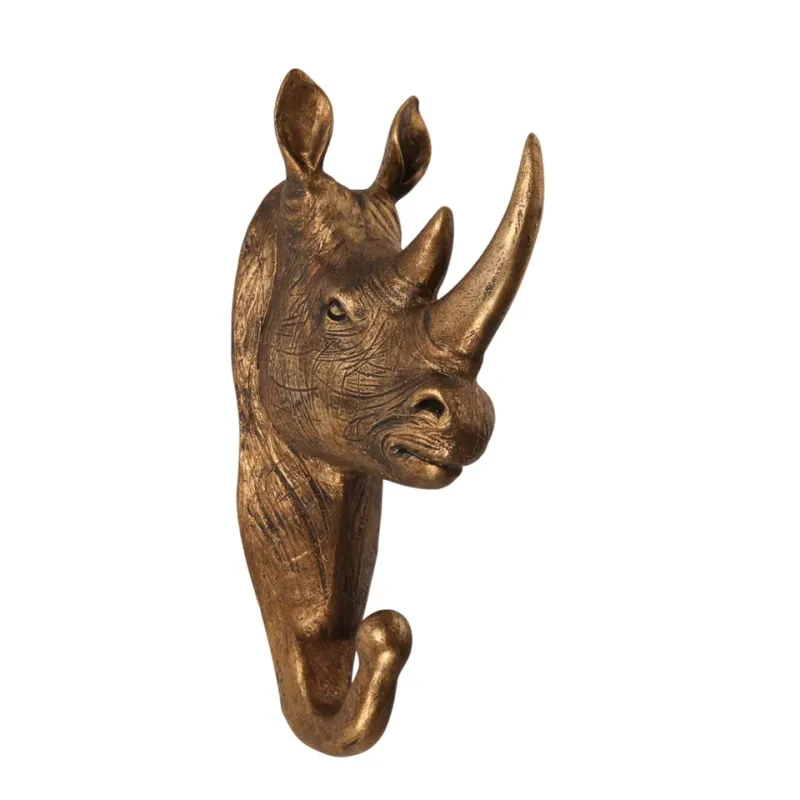 Goldener Nashorn Wandhaken 18,5 cm aus Kunstharz mit detailreichem Tierkopf