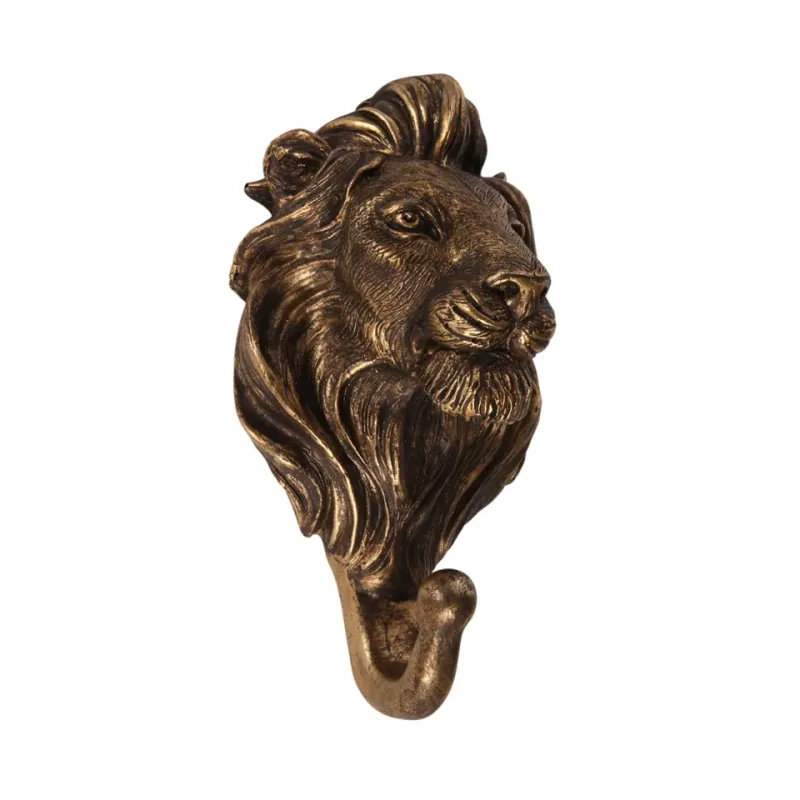 Goldener Löwe Wandhaken 17 cm aus Kunstharz mit detailreichem Löwenkopf