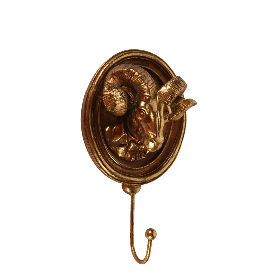 Goldener Widder Wandhaken 19 cm aus Kunstharz mit detailreichem Tiermotiv