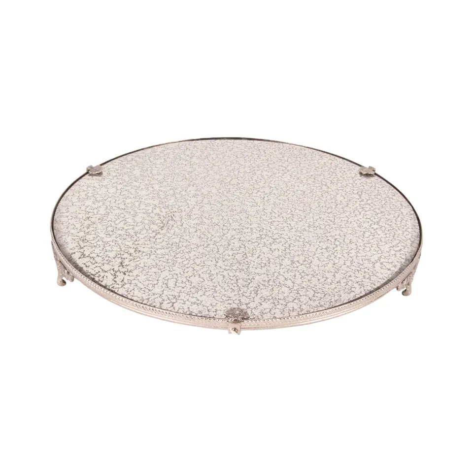 Rundes silbernes Tablett mit Spiegel 38,5 cm aus Messing und Glas