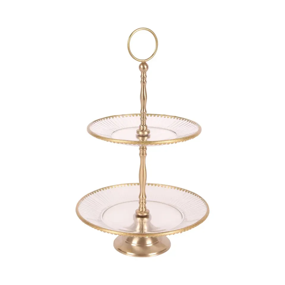 ​Goldene Etagere mit zwei Ebenen aus Glas und Messingdetails