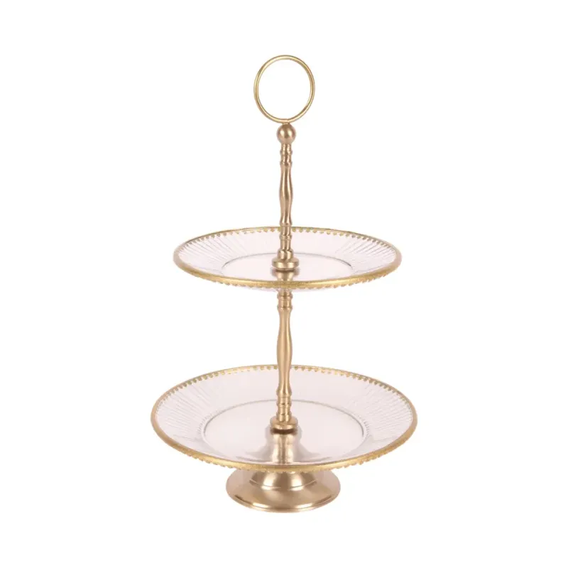 Etagere 37 cm mit 2 Ebenen in Gold aus Glas und Messing Goldene Etagere mit zwei Ebenen aus Glas und Messingdetails