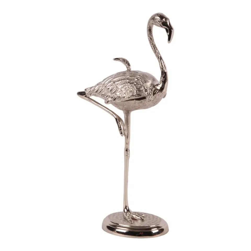 Deko-Aufbewahrungsbox Flamingo 29 cm in Silber Silberne Flamingo Deko-Aufbewahrungsbox 29 cm aus Messing mit abnehmbarem Deckel
