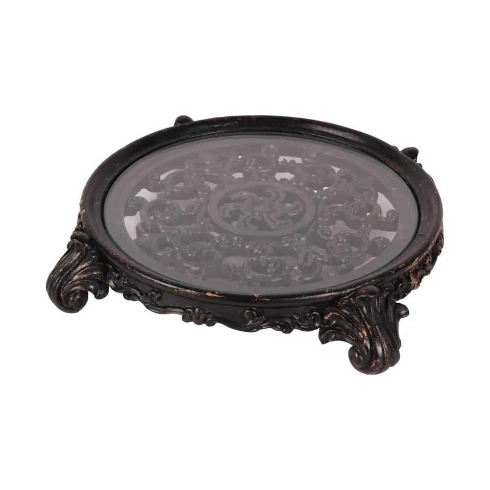 Dekorationstablett rund 29 cm Schwarz aus Kunstharz Rundes schwarzes Dekorationstablett 29 cm mit Glasfläche und kunstvoll verziertem Rand