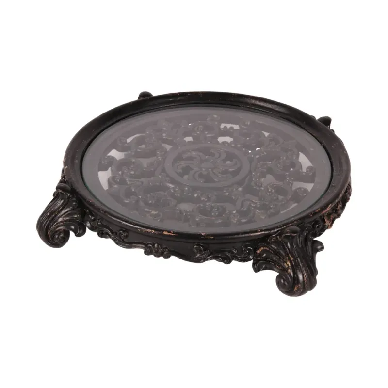 Dekorationstablett rund 29 cm Schwarz aus Kunstharz Rundes schwarzes Dekorationstablett 29 cm mit Glasfläche und kunstvoll verziertem Rand