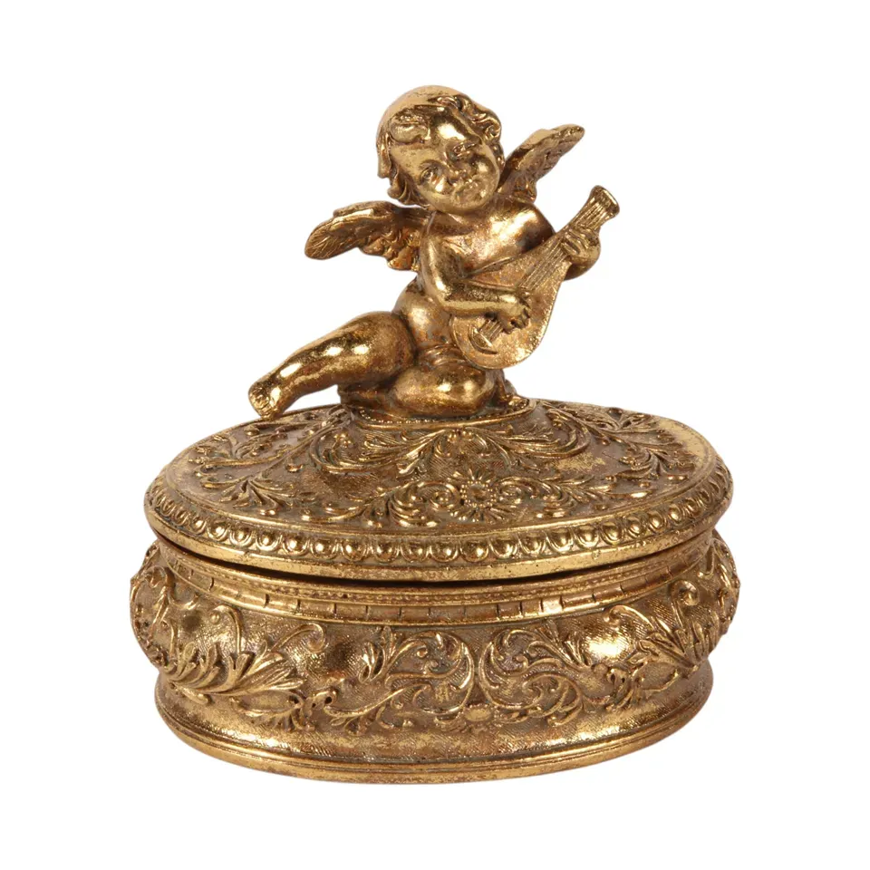 Engel-Aufbewahrungsbox 11,7 cm in Gold aus Kunstharz Goldene Engel-Aufbewahrungsbox 11,7 cm aus Kunstharz mit dekorativem Deckel