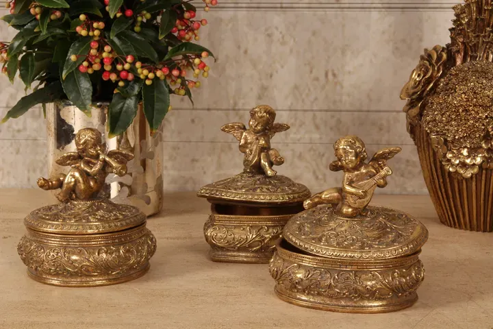 Engel-Aufbewahrungsbox 11,7 cm in Gold aus Kunstharz