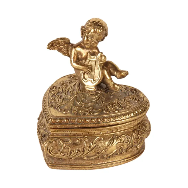 Engel-Aufbewahrungsbox 11,7 cm in Gold aus Kunstharz Goldene herzförmige Engel-Aufbewahrungsbox 11,7 cm aus Kunstharz mit Engelsfigur auf dem Deckel