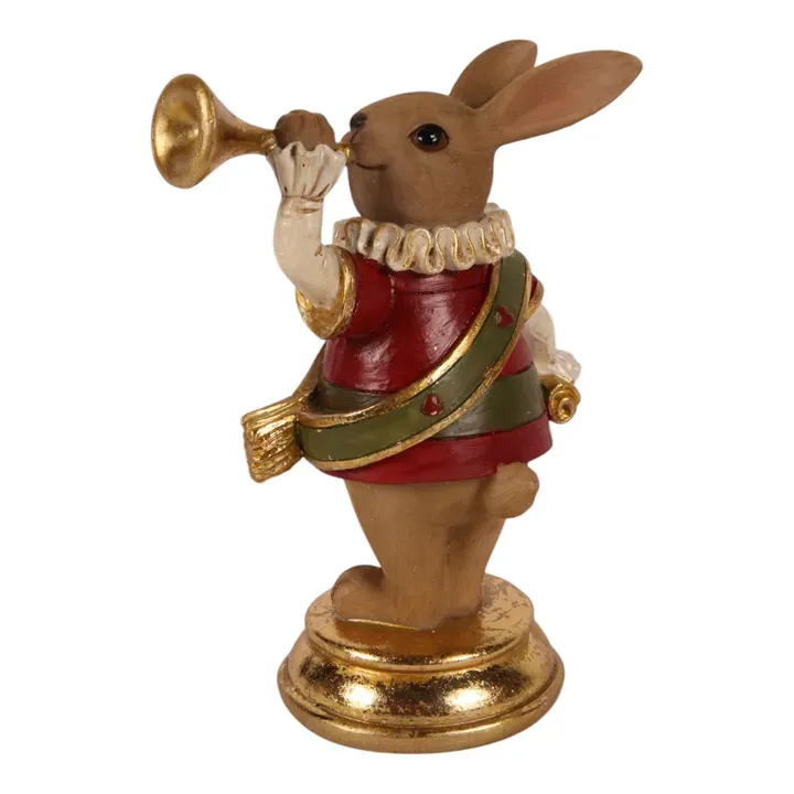 Deko-Hase mit Trompete 14 cm aus Polyresin in Braun Brauner Deko-Hase 14 cm aus Polyresin mit Barock-Outfit und goldener Trompete