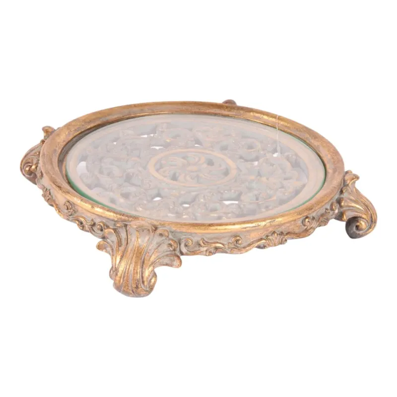 Rundes Tablett 29 cm Gold aus Kunstharz und Glas Rundes goldenes Dekorationstablett 29 cm aus Kunstharz mit Glasfläche und verziertem Rand