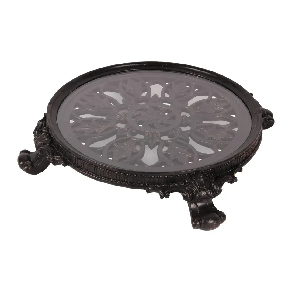 Dekorationstablett rund 35 cm Schwarz aus Kunstharz Rundes schwarzes Dekorationstablett 35 cm aus Kunstharz mit Glasfläche und verziertem Rand