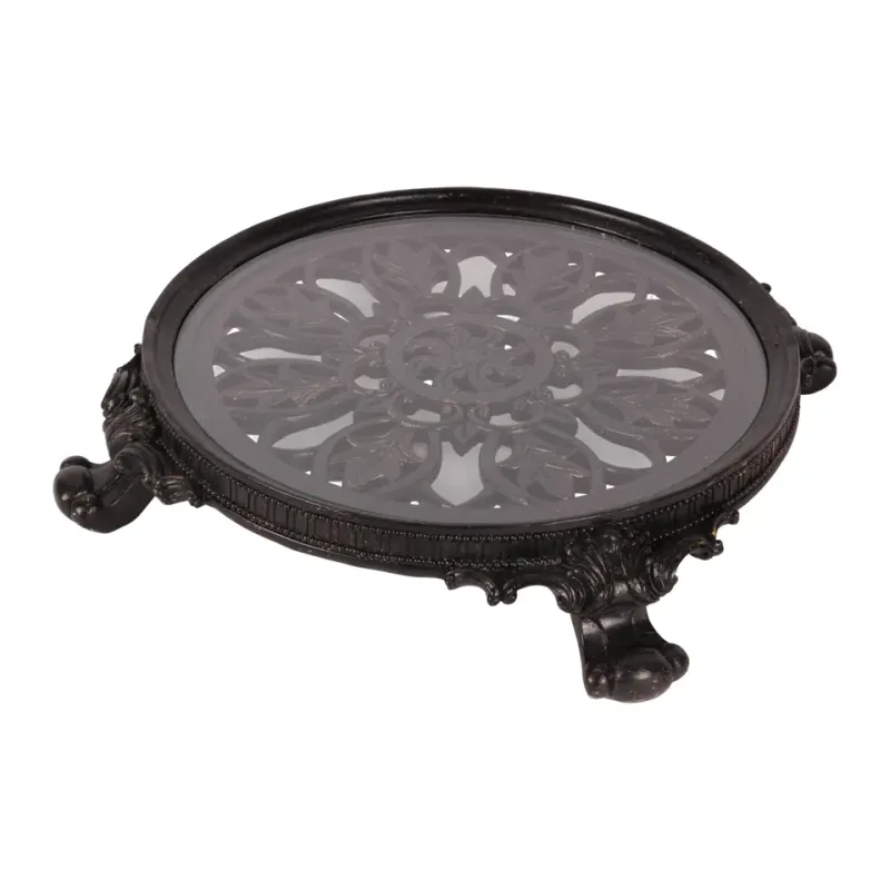 Dekorationstablett rund 35 cm Schwarz aus Kunstharz Rundes schwarzes Dekorationstablett 35 cm aus Kunstharz mit Glasfläche und verziertem Rand