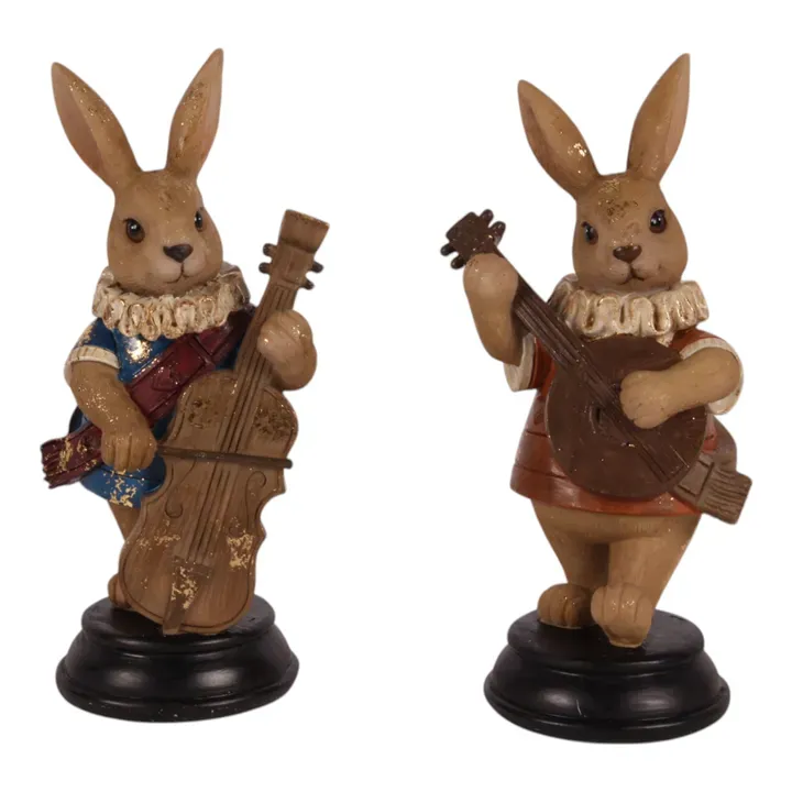 2er Set Hasenfiguren Musiker aus Polyresin, braun, 16 cm Zwei braune Hasenfiguren aus Polyresin als Musiker mit Streichinstrumenten und detailreichen Outfits