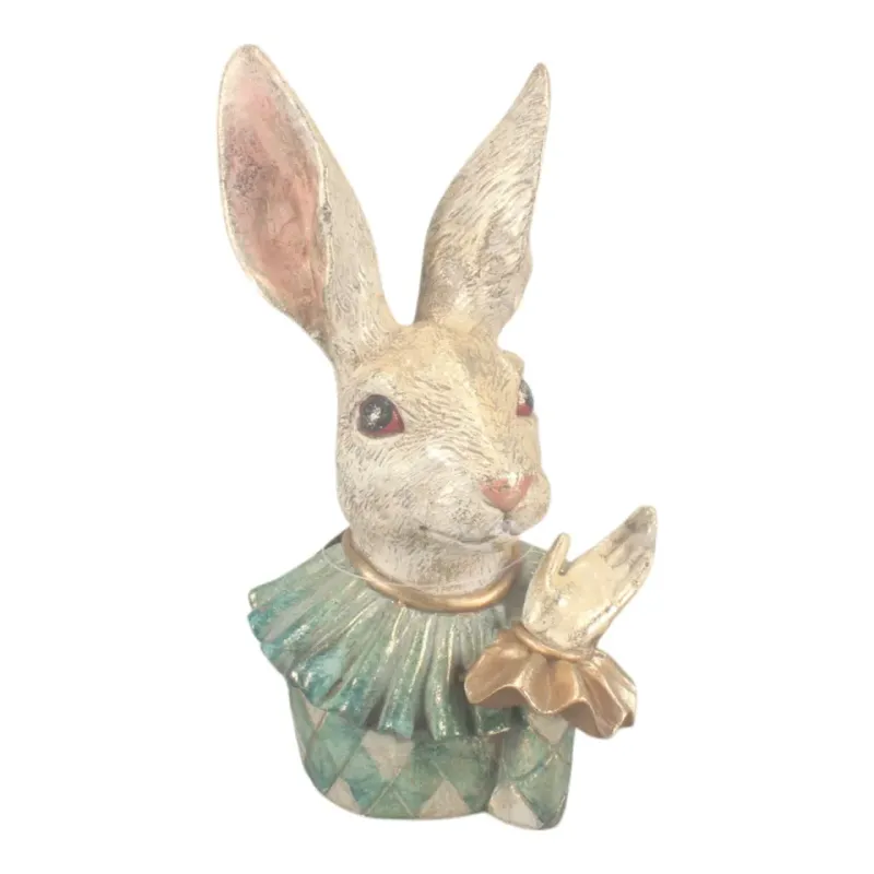 Hasenbüste aus Kunstharz, 24 cm, dekorative Figur Hasenbüste aus Kunstharz, 24 cm, mit türkisfarbenem Kragen und goldfarbenen Details