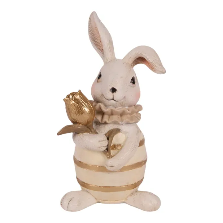 Deko-Hase / Kaninchen mit Tulpe 14 cm aus Polyresin in Weiss und Creme Weisser und cremefarbener Deko-Hase 14 cm aus Polyresin mit goldener Tulpe