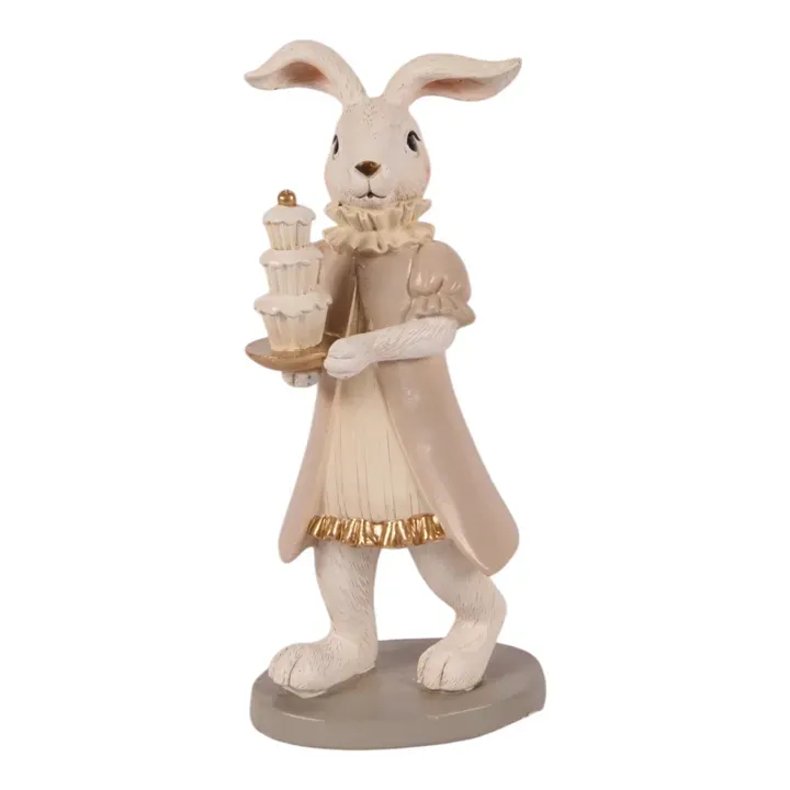 Deko-Hase / Kaninchen mit hellbraunem Mantel und Etagere mit Gebäck 23 cm Deko-Hase 23 cm aus Polyresin mit hellbraunem Mantel und Etagere mit Gebäck