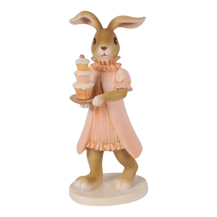 Deko-Hase / Kaninchen mit rosafarbenem Mantel und Etagere mit Gebäck 23 cm Deko-Hase 21 cm aus Polyresin mit rosafarbenem Mantel und Etagere mit Gebäck