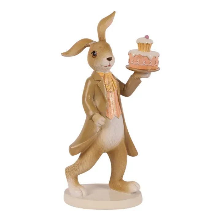 Deko-Hase 23 cm mit Mantel und dekoriertem Kuchen Brauner Deko-Hase 23 cm aus Polyresin mit Mantel und dekoriertem Kuchen