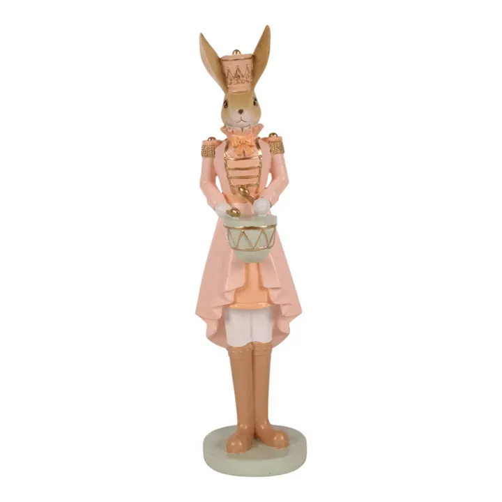 Deko-Hase 31 cm in Pink mit rosa Uniform, Krone und Trommel Deko-Hase 31 cm aus Polyresin mit rosa Uniform, Krone und Trommel
