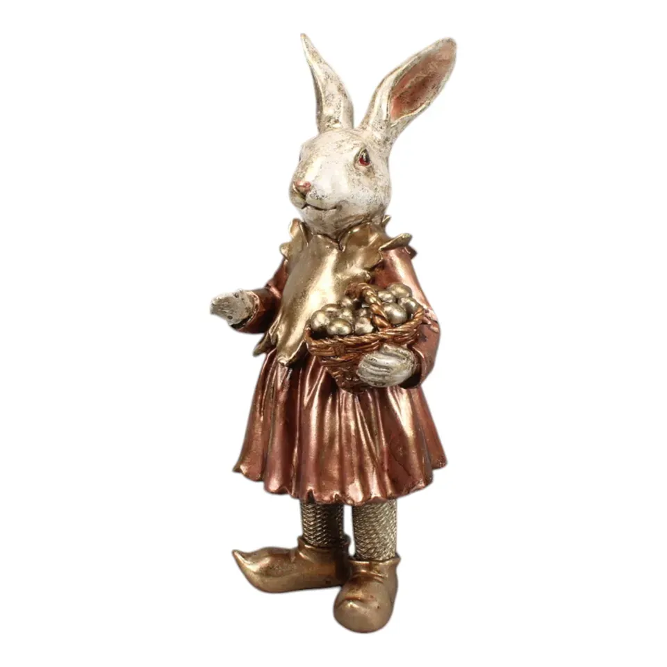 Osterhaser 35 cm mit Korb voller Ostereiern Hasenfigur 35 cm aus Polyresin mit roségoldfarbenem Kleid und Korb voller Ostereier