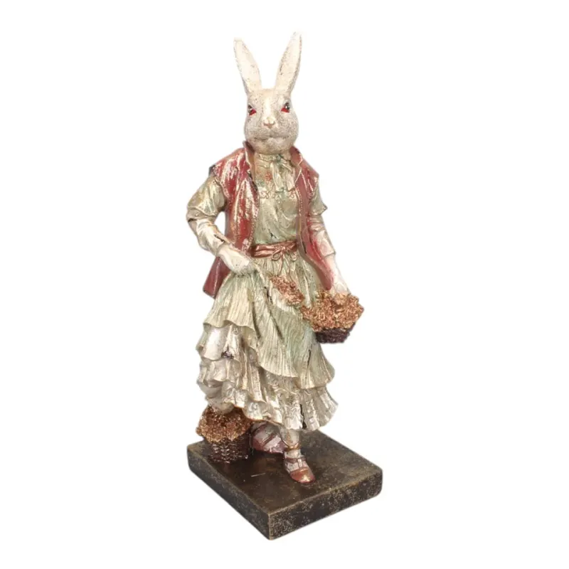 Hasenfigur 34 cm, mit roter Jacke, mehrlagigem Kleid und kleinem Korb Hasenfigur aus Kunstharz, 34 cm, mit roter Jacke, mehrlagigem Kleid und kleinem Korb