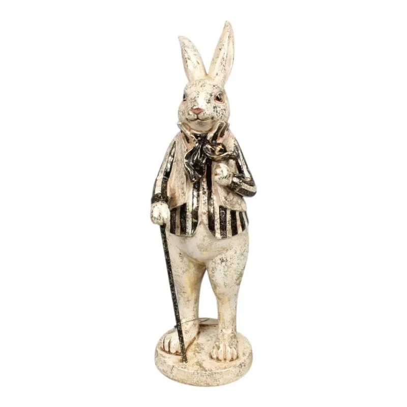 Hasenfigur, Kaninchen, Deko 30 cm mit gestreifter Weste, schwarzer Schleife und Gehstock Hasenfigur aus Kunstharz, 30 cm, mit gestreifter Weste, schwarzer Schleife und Gehstock