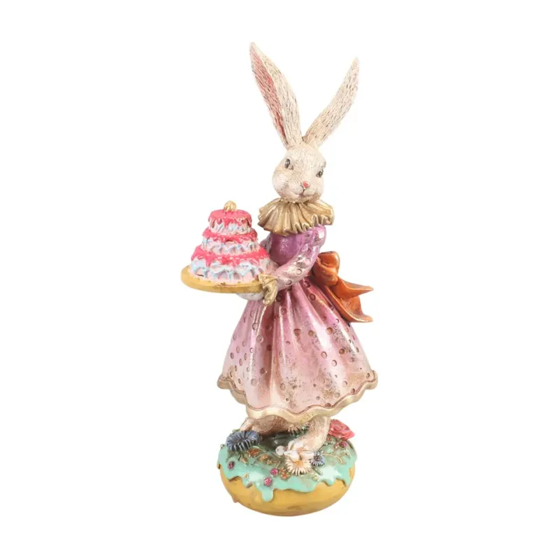 Hasenfigur 28,5 cm mit rosafarbenem Kleid und dekorierter Torte Hasenfigur mit Kuchen 28,5 cm aus Kunstharz, mit rosafarbenem Kleid und dekorierter Torte